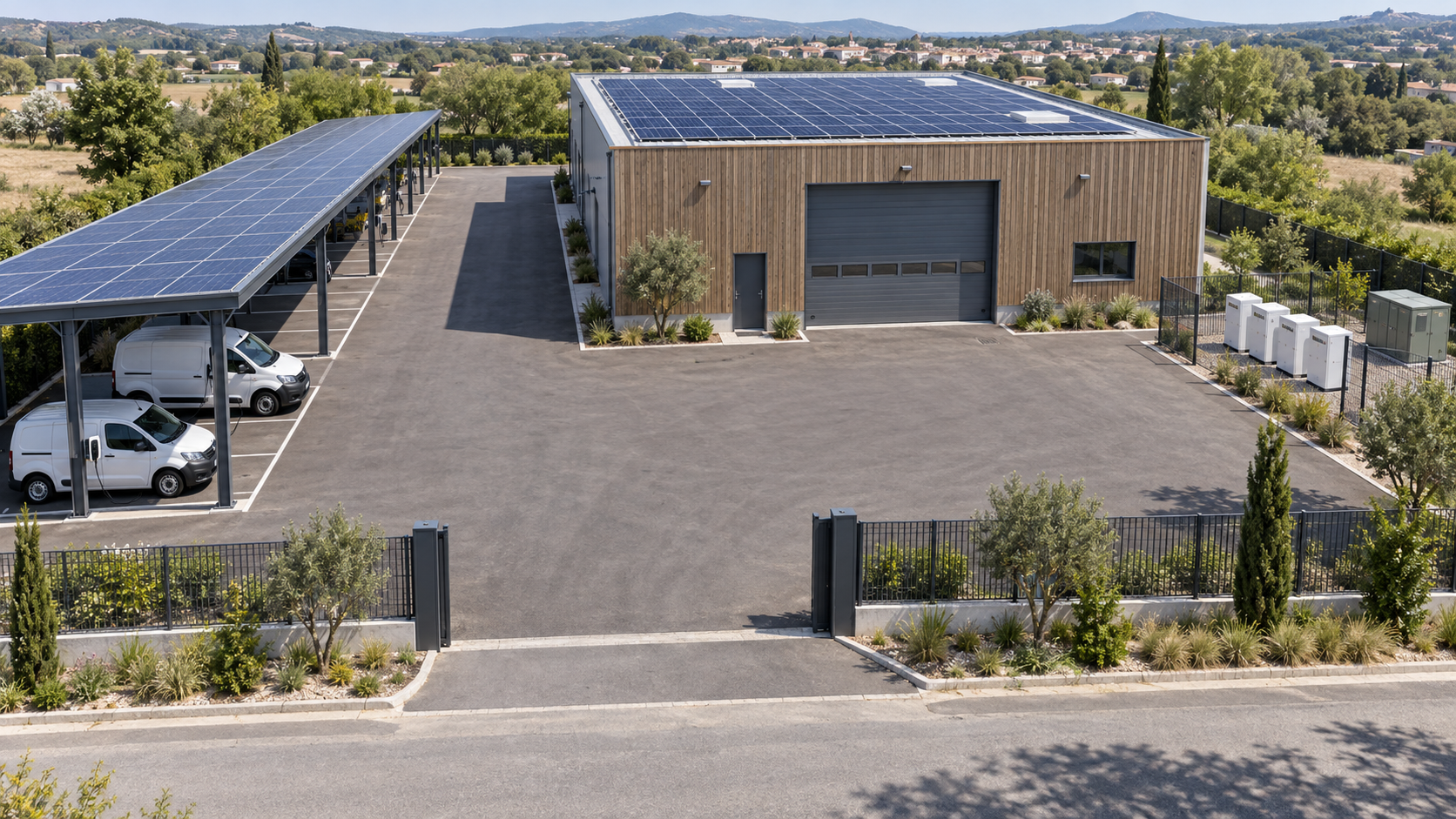 Après : toiture solaire, ombrière sur le parking, bornes et batteries
