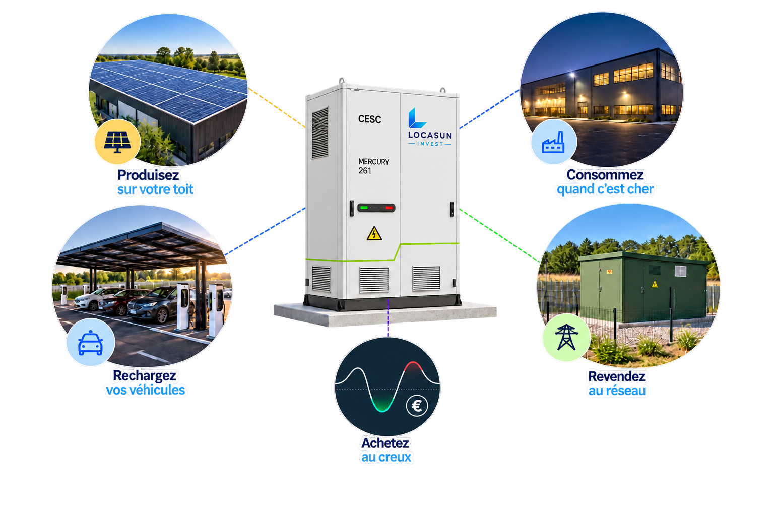 Une batterie Locasun, et autour d’elle : acheter, stocker, consommer, revendre, recharger.